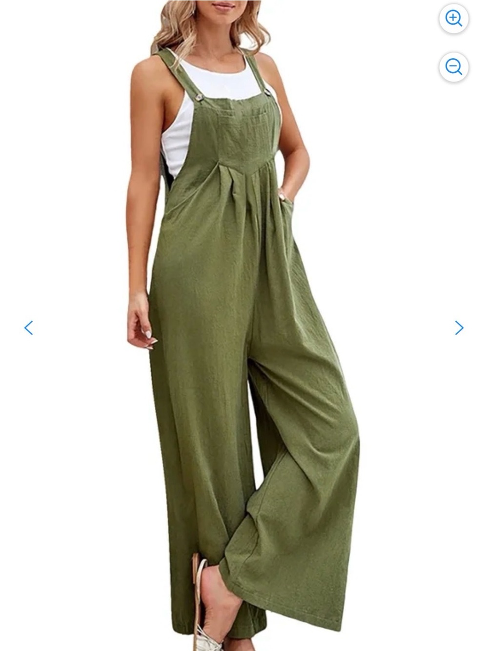 Olive Green Wide-Leg Cotton Jumpsuit Overalls Romper with Pleat, 100% Cotton